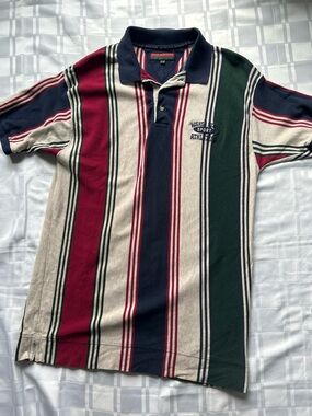 Higher State Adventures Vintage Red, Green, Navy Striped Polo Style T-shirt